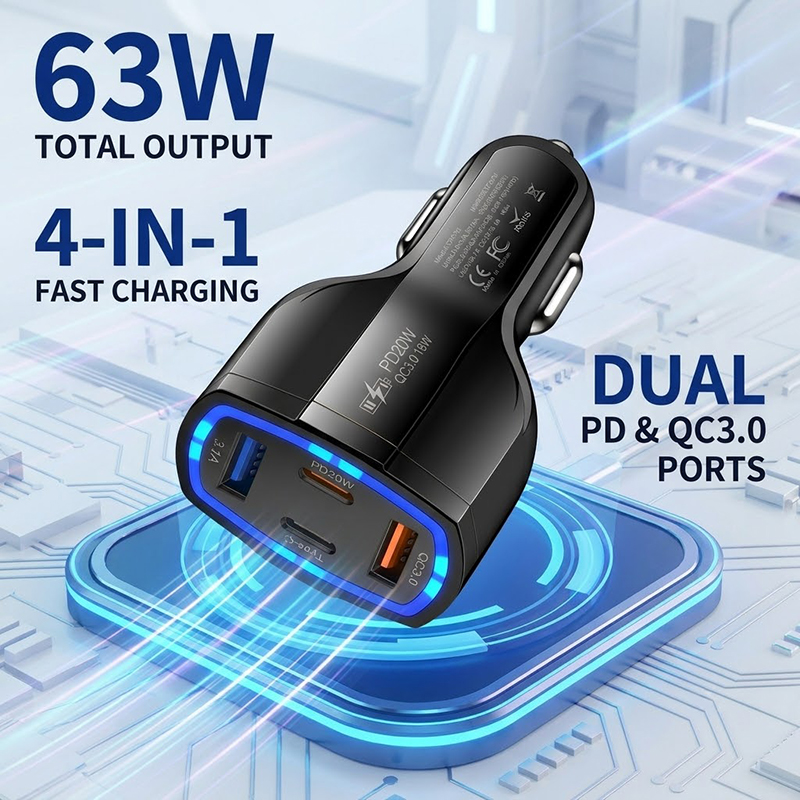 Type C Multiport Adapter - Multi Port 63W Car Charger Fast